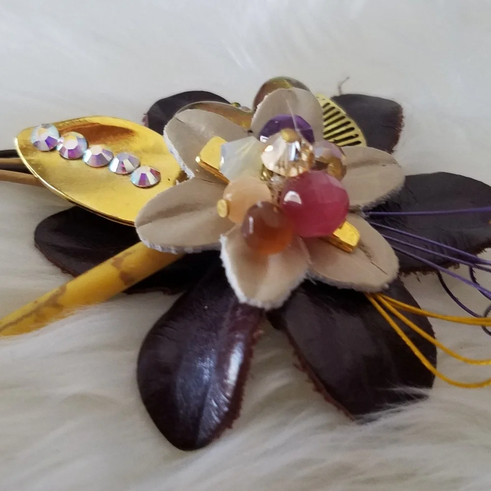 Swarovski Elements Genuine Brown Leather Flower Brooch - Handmade